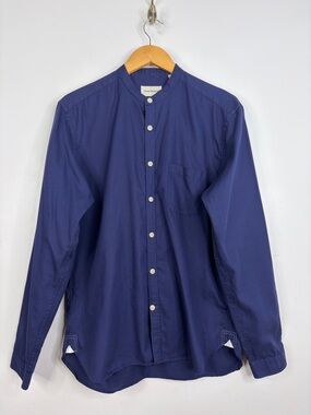 Oliver Spencer Shirt Mens 16.5 Navy Blue Cotton Poplin Band Collar Long Sleeve